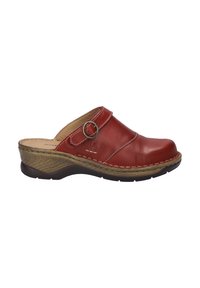 Red leather clog with a round toe, side buckle detail, and a textured, brown platform sole. Features white stitching accents.