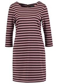 Randig klänning med trekvartsärmar, med växelvis rosa och mörkbruna ränder, rund halsringning och dragkedjedetalj i ryggen.