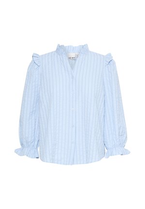 Vaaleansininen nappipaitamainen blouse, jossa on pystysuorat raidat. Ominaisuuksiin kuuluu röyhelöillä koristeltu korkeakauluksinen malli ja puffattuja hihoja, joissa on joustavat hihansuut. Pehmeä kangas.