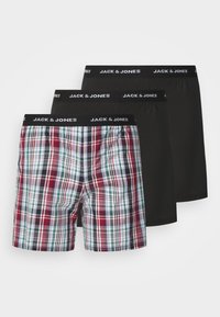 Három boxer alsónadrág: az egyik piros, zöld és kék kockás mintázatú; kettő egyszínű fekete. Mindegyiken fekete derékpánt található, amelyen a "JACK & JONES" felirat látható.