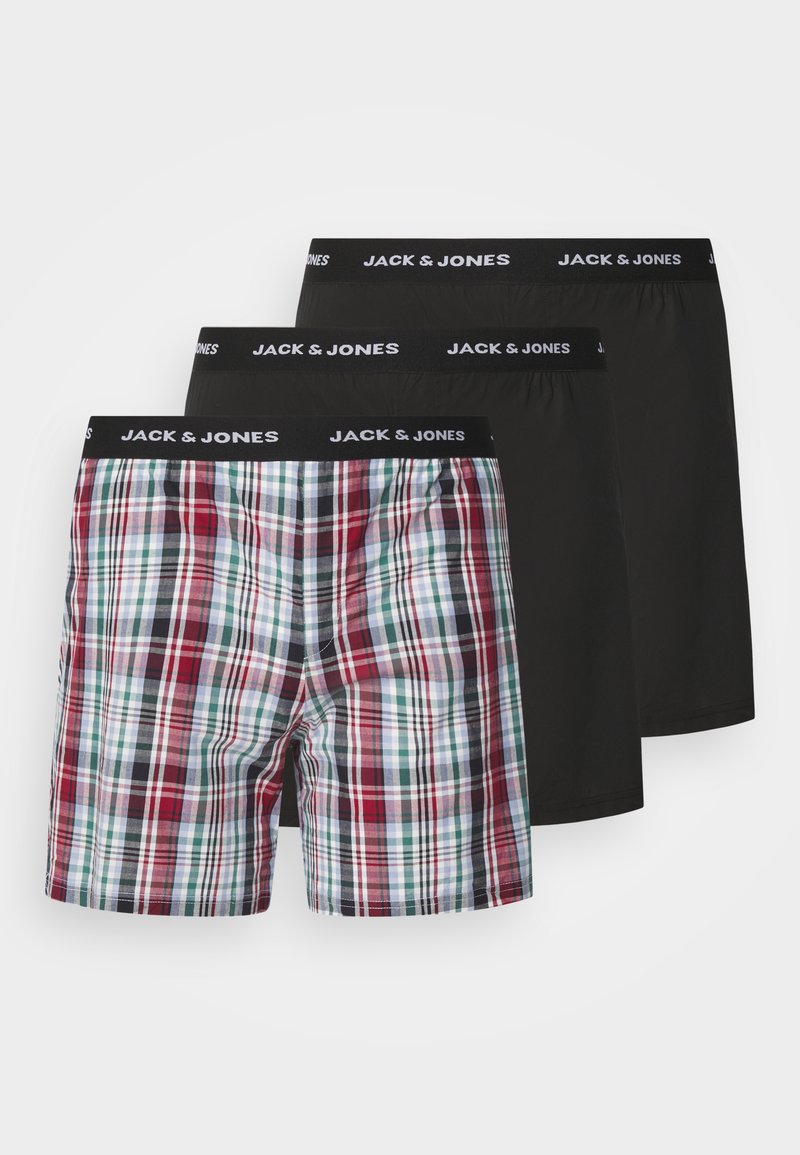 Három boxer alsónadrág: az egyik piros, zöld és kék kockás mintázatú; kettő egyszínű fekete. Mindegyiken fekete derékpánt található, amelyen a "JACK & JONES" felirat látható.