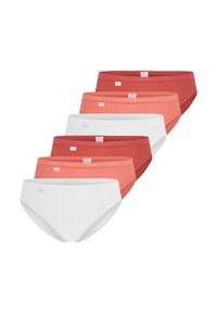 Set van zes slips in zachte, rekbare katoen. Kleuren zijn wit, licht koraal en donkerrood. Heeft een naadloos ontwerp en elastische taillebanden.