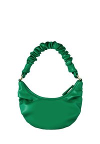 Grüne Lederhandtasche mit einem gerafften Griff. Die Tasche hat eine runde Form und eine glatte Textur, mit goldenen Hardware-Akzenten.