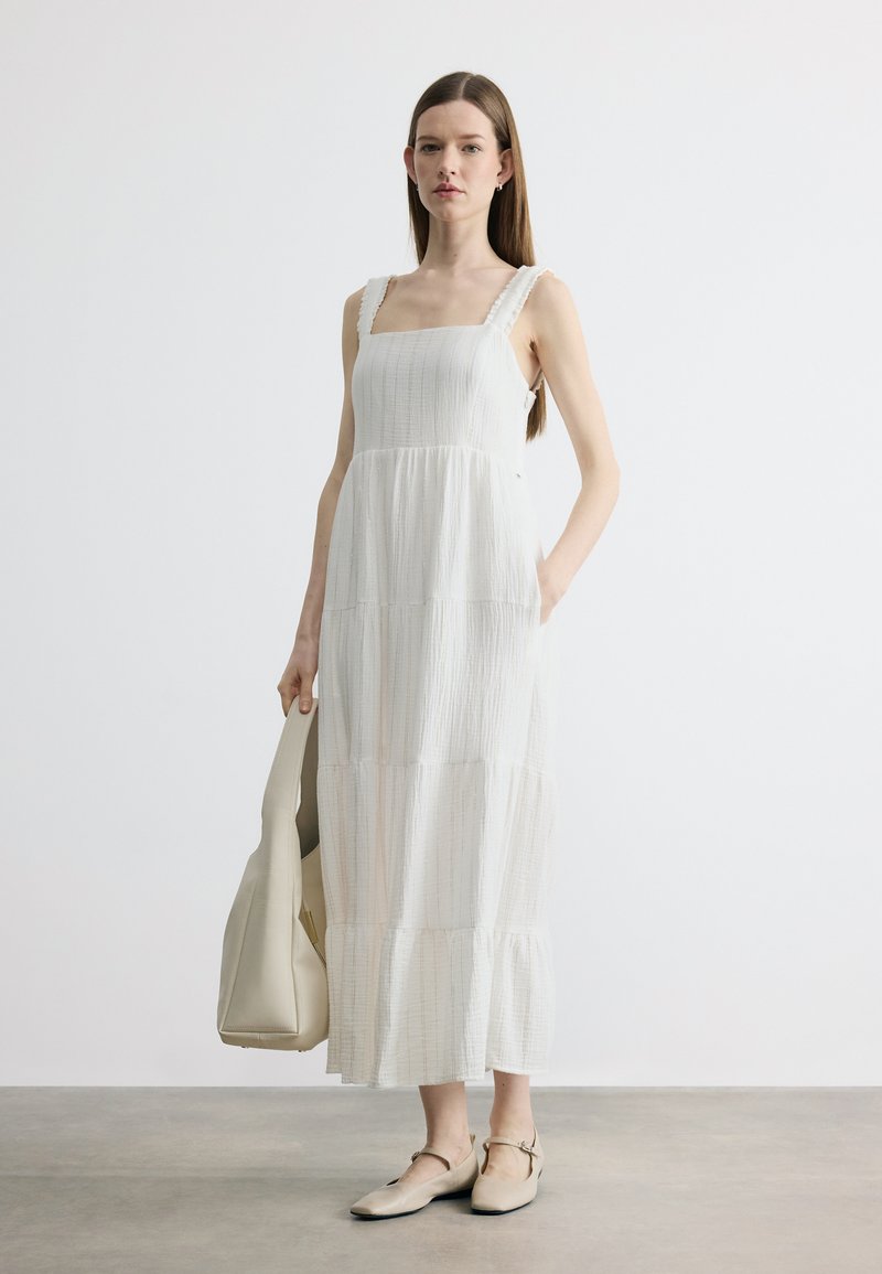 DKNY TIERED TANK DRESS SMOCKED BACK RUFFLE STRAPS - Maxi dress - white /gold-coloured/off-white - Zalando.ie
