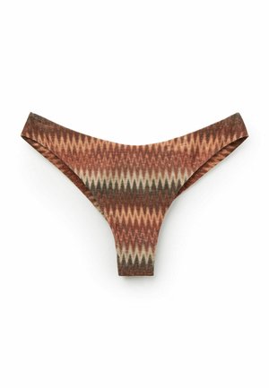 Brown and beige zigzag patterned women's bikini bottoms with a low-rise, V-shaped cut on a white background.