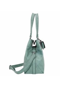 Sac à main en simili cuir vert avec deux poignées courtes, une bandoulière longue réglable, quincaillerie en argent et des coutures sur les côtés.