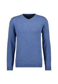Blauer V-Ausschnitt-Pullover aus weichem Strickstoff; verfügt über lange Ärmel sowie gerippte Bündchen und Saum; keine sichtbaren Muster oder Akzente.