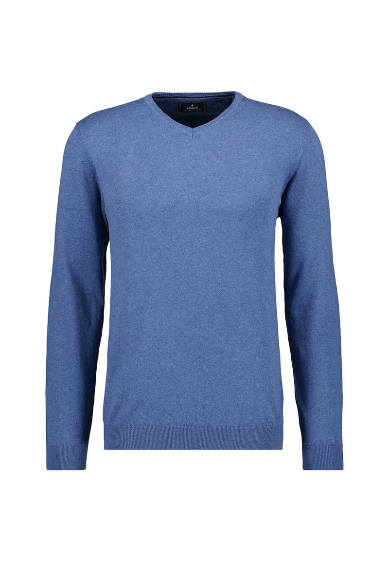 Blauer V-Ausschnitt-Pullover aus weichem Strickstoff; verfügt über lange Ärmel sowie gerippte Bündchen und Saum; keine sichtbaren Muster oder Akzente.
