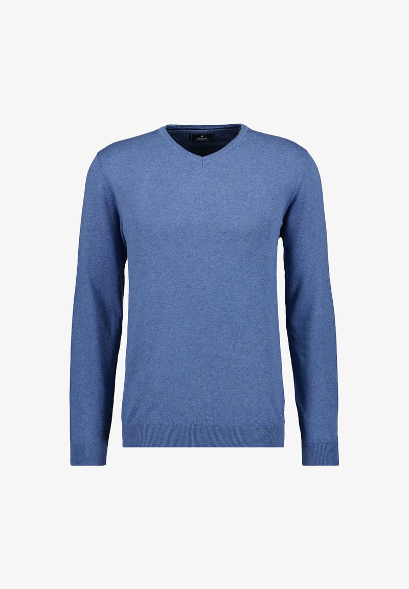 Blue v-neck sweater made of soft knit fabric; features long sleeves and ribbed cuffs and hem; no visible patterns or accents.