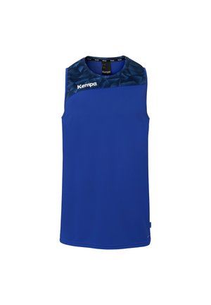 Blue sleeveless sports shirt with a dark blue geometric pattern across the upper chest and the white "Kempa" logo on the left side.