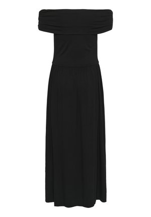 Abito maxi nero scollato con spalle scoperte, dotato di corpetto arricciato e gonna fluida, realizzato in un morbido tessuto con una superficie liscia e cintura elastica.