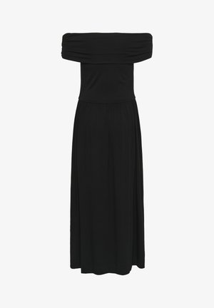 Zwarte off-the-shoulder maxi-jurk met een geraffineerde bodice en vloeiende rok, gemaakt van zachte stof met een gladde textuur en een elastische tailleband.