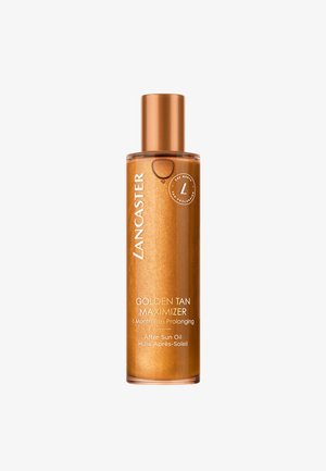 Goldfarbene Bräunungsöl in einer transparenten Flasche. Verfügt über einen metallisch goldenen Deckel, eine glatte Textur und goldenen Schimmer. Das Etikett enthält Produktdetails in Weiß.