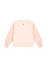 Sudadera de color rosa claro con mangas abullonadas, puños y dobladillo acanalados, que presenta un bordado de un oso en la parte posterior y una etiqueta en el lado.
