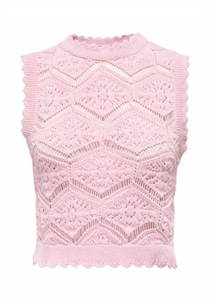 Top cropped en tricot rose avec un motif de dentelle hexagonale, bords festonnés et col côtelé. Tissu texturé avec un design en maille ouverte.
