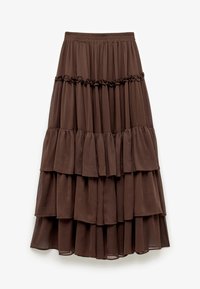 Bruine tiered midi-rok met elastische tailleband en gelaagde ruches, gemaakt van lichte, semi-doorzichtige stof.