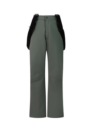 Donkergroene rechte broek met zwarte bretels, vooraan knopen en ritssluiting, weergegeven op een witte achtergrond.