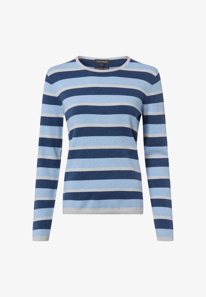 Langarm-Pullover mit Rundhalsausschnitt und horizontalen Streifen in Blau- und Hellgrautönen, aus einer Bio-Baumwoll- kaschmirmischung gefertigt.
