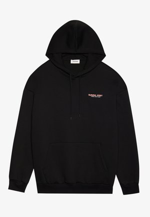 Sweat à capuche noir en coton, avec une poche kangourou à l'avant et un graphique "BURNING SPIRIT" en rouge sur la poitrine.