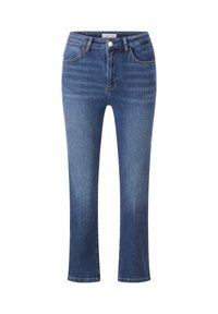 Denim jeans in medium blue with a slim fit, five-pocket design, and straight leg. Features a metal button and zip closure.