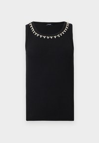 Fekete, ujjatlan trikó bordázott anyagból, díszes, kövekkel díszített nyakkivágással. Egyszerű, testhezálló szabás.