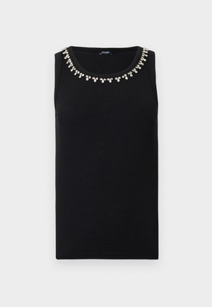 Zwart mouwloos tanktop van geribd stof, met een decoratieve halslijn versierd met stenen. Eenvoudig ontwerp met een aansluitende pasvorm.