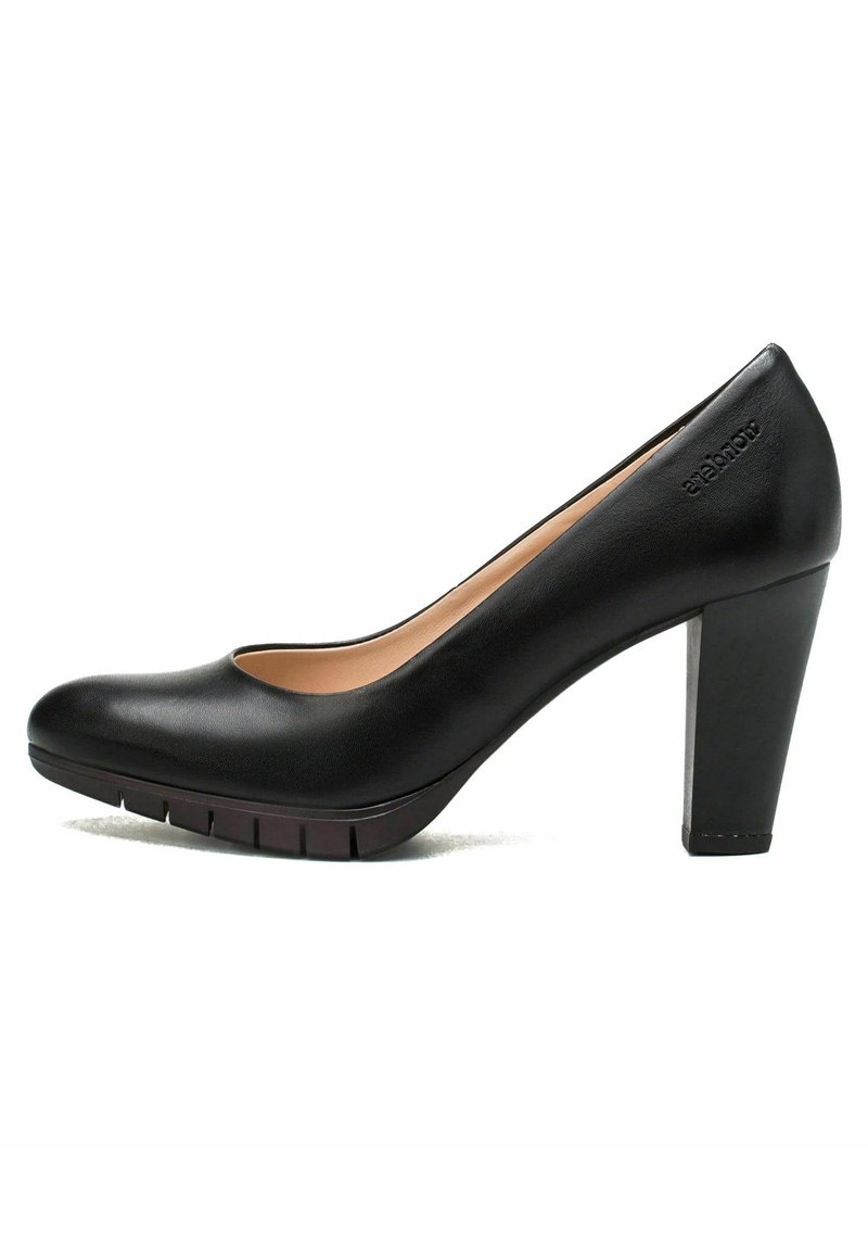 Escarpin pour femme en cuir noir à talon haut avec bout arrondi, talon bloc et semelle rainurée, affichant le nom de la marque embossé près du talon.