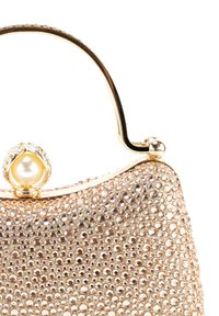 Handtasche in Roségold mit strukturierter Oberfläche, die mit kleinen Strasssteinen bedeckt ist. Verfügt über einen goldenen Loop-Griff und einen dekorativen Verschluss mit einer Perle.