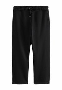 Schwarze Jogginghose mit elastischem Bund, verstellbarem Kordelzug, zwei Seitentaschen und einem cropped Design. Glatte Stoffoberfläche.