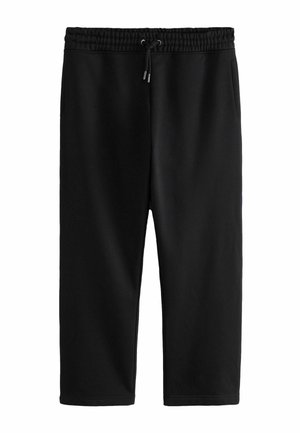 Black sweatpants with an elastic waistband, adjustable drawstring, two side pockets, and a cropped design. Smooth fabric texture.