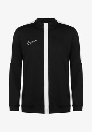 Schwarze Zip-Up-Jacke aus synthetischem Material, mit weißen Seitenstreifen und einem weißen Reißverschluss, versehen mit einem kleinen Nike-Logo auf der Brust.