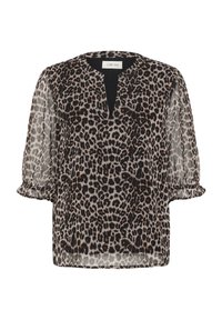 Halenka s leopardím potiskem, výstřihem do V, plisovanými krátkými rukávy a volnějším střihem. Vyrobena z lehké, průhledné látky v béžových a černých tónech.