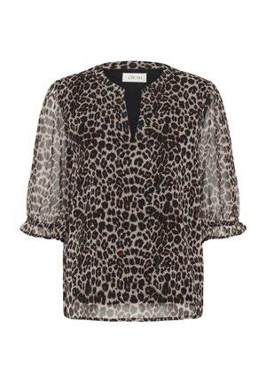Blouse imprimé léopard avec un col en V, des manches courtes plissées et une coupe décontractée. Fabriquée en tissu léger et transparent aux tons beige et noir.