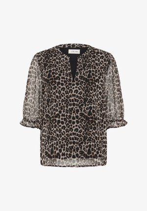 Bluza cu imprimeu leopard, decolteu în V, mâneci scurte plisate și croială lejeră. Confecționată dintr-un material ușor și transparent, în nuanțe de bej și negru.