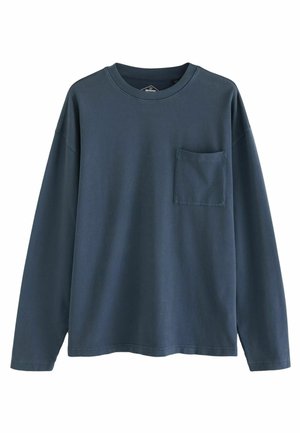 Langeærmet navyblå skjorte lavet af blødt stof, med en rund halsudskæring og en brystlomme. Simpelt design med en afslappet pasform.