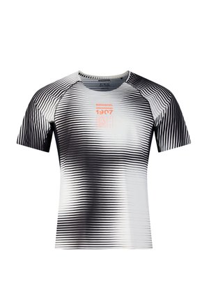 Schwarz-weiß gestreiftes Sport-T-Shirt mit kurzen Ärmeln, "Rossignol 1907" und Logo in Orange auf der Brust.