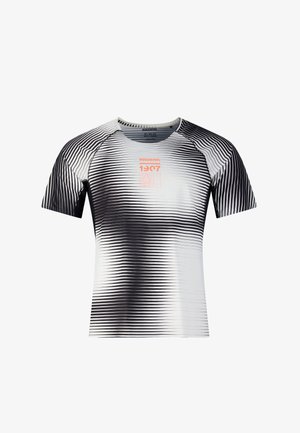 Schwarz-weiß gestreiftes Sport-T-Shirt mit kurzen Ärmeln, "Rossignol 1907" und Logo in Orange auf der Brust.