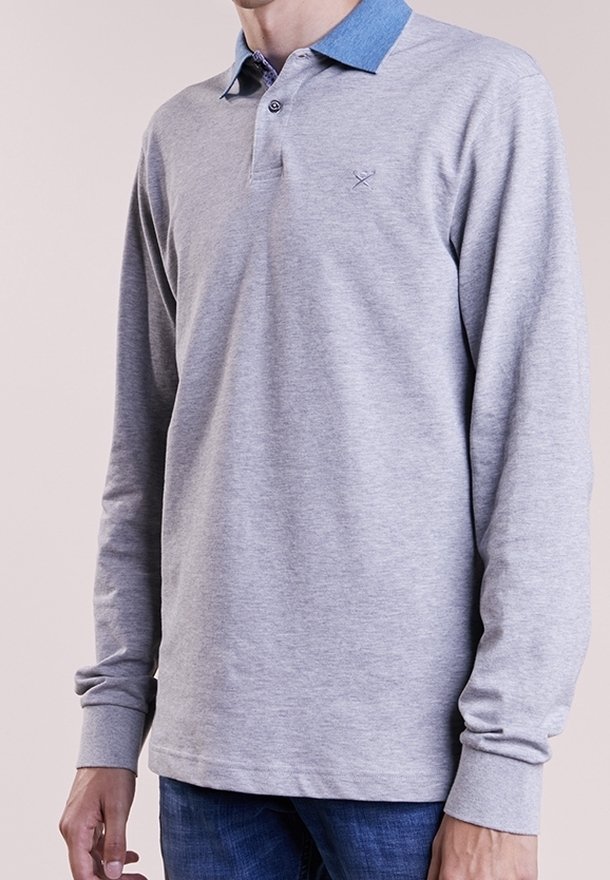 Polo shirt grigio a maniche lunghe con colletto in denim. Presenta una chiusura a due bottoni e un logo ricamato sul petto. Texture morbida.