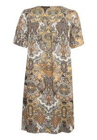 Kortärmad klänning i beige och brunt med intrikata paisleymönster, med rund halsringning och avslappnad passform. Tillverkad av lättviktigt material.