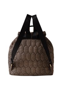 Textured brown and black backpack with a honeycomb pattern. Features dual black straps and gold-tone hardware.