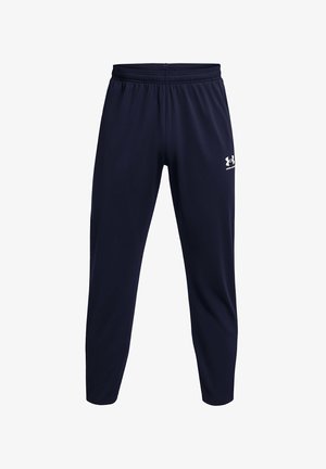 Marineblaue Sporthosen aus weichem, elastischem Stoff. Merkmale einen elastischen Bund und ein weißes Logo auf der linken Seite. Schmal zulaufendes Design.