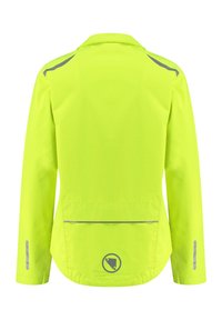 Hochsichtbare gelbe Jacke mit reflektierenden Akzenten. Verfügt über einen Kragen, lange Ärmel und eine Rückentasche. Glatte Textur, leichtes Design.