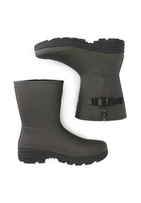 Bottes de pluie en caoutchouc noir avec une finition texturée, une sangle à boucle ajustable et une semelle robuste à crampons pour une bonne traction.