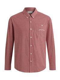 Ανδρικό πουκάμισο με μακριά μανίκια και κουμπιά, με μικρό κόκκινο και λευκό καρό σχέδιο και τσέπη στο στήθος με λευκή κεντημένη επιγραφή.