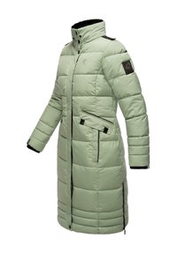 Light green padded coat with a high collar, front zip, and snap closure. Features black accents, two side pockets, and quilted pattern.