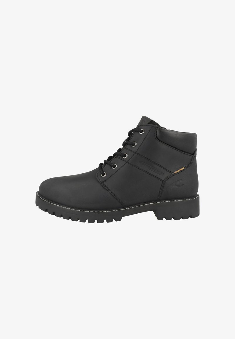 Schwarze Lederknöchelstiefel mit gepolstertem Kragen, Schnürverschluss, dicker Gummisohle, sichtbaren Nähten und dezentem Branding an der Seite.