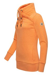 Sudadera con capucha de color naranja, con un diseño cruzado, tejido texturizado, cordones y un parche con el logo en la manga.