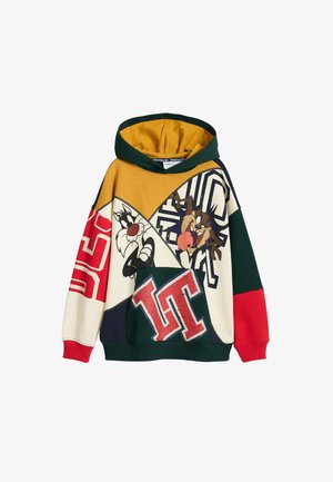 Hættebluse lavet af bomuld, med et patchwork-design i gul, grøn, creme, rød og marineblå, samt tryk af tegneseriefigurer og logo-detaljer.