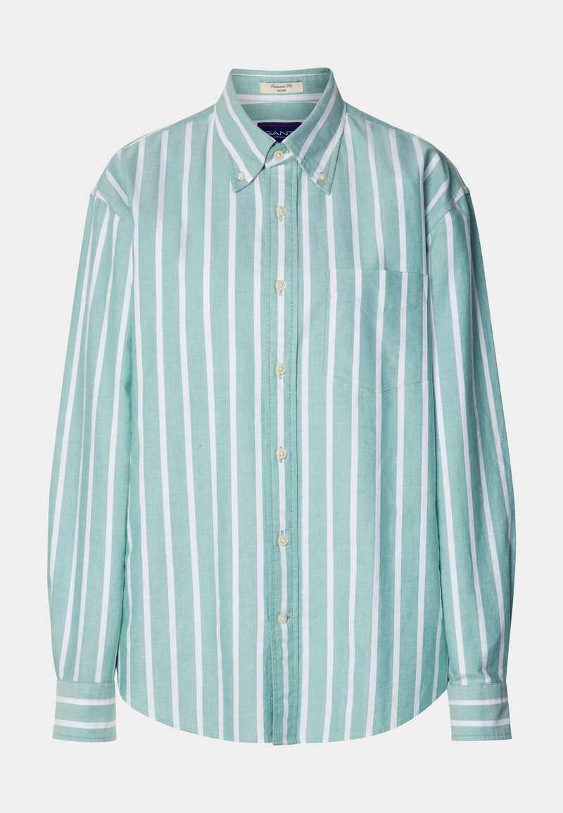 Chemise à manches longues boutonnée avec des rayures verticales vertes et blanches, une poche avant et un col boutonné.