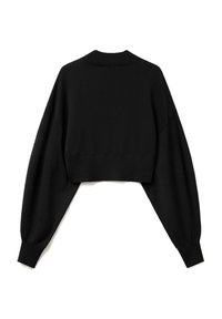 Černý zkrácený svetr s dlouhými, objemnými rukávy, žebrovaným výstřihem a lemem. Hladká textura, přiléhavý v pase, minimalistický design.